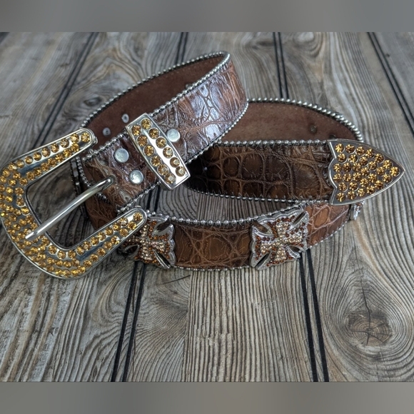 Moc-crocodile Leather Belt Amber Crystals And Crosses Excellent Condition - Picture 2 of 14
